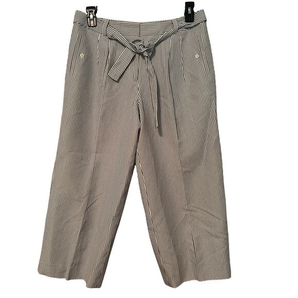 Talbot Pants - Talbots White Blue Silk Linen Striped Belted Cropped Wide Leg Pants